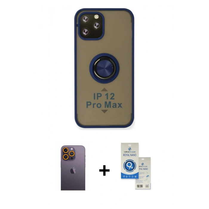 MARSİLYAN™- iPhone 12 Pro Max Kılıf Yörünge Çizgi - Şeffaf Royal Nano Ekran Koruyucu + Neon Fosforlu Kamera Lens - SI