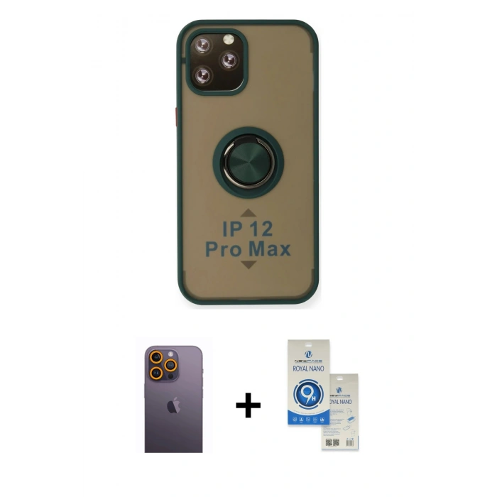 MARSİLYAN™- iPhone 12 Pro Max Kılıf Yörünge Çizgi - Şeffaf Royal Nano Ekran Koruyucu + Neon Fosforlu Kamera Lens - SI