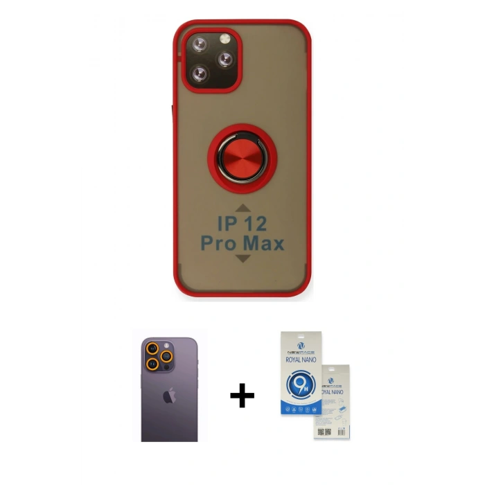 MARSİLYAN™- iPhone 12 Pro Max Kılıf Yörünge Çizgi - Şeffaf Royal Nano Ekran Koruyucu + Neon Fosforlu Kamera Lens - SI