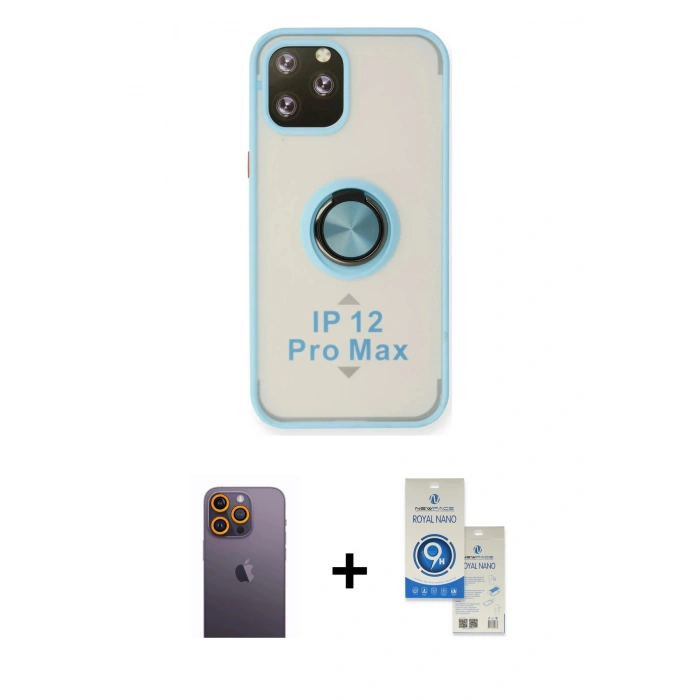MARSİLYAN™- iPhone 12 Pro Max Kılıf Yörünge Çizgi - Şeffaf Royal Nano Ekran Koruyucu + Neon Fosforlu Kamera Lens - SI