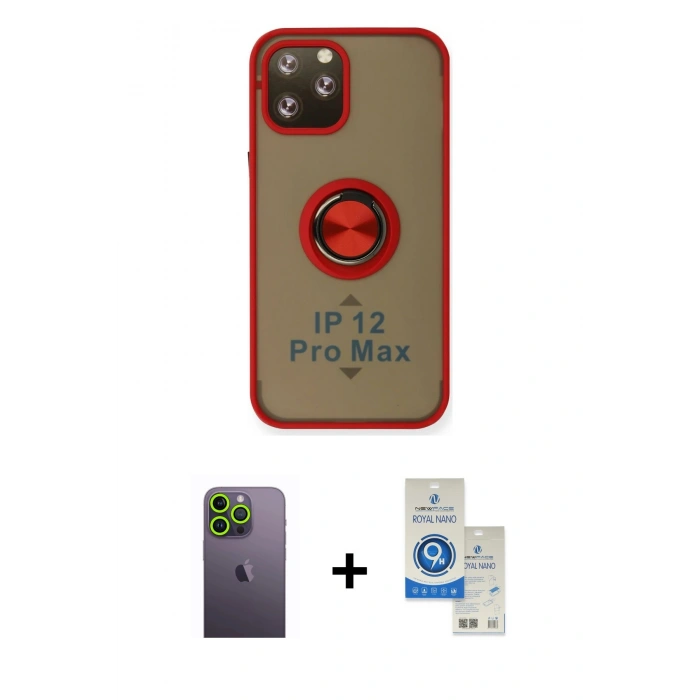 MARSİLYAN™- iPhone 12 Pro Max Kılıf Yörünge Çizgi - Şeffaf Royal Nano Ekran Koruyucu + Neon Fosforlu Kamera Lens - YL