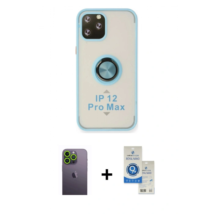 MARSİLYAN™- iPhone 12 Pro Max Kılıf Yörünge Çizgi - Şeffaf Royal Nano Ekran Koruyucu + Neon Fosforlu Kamera Lens - YL