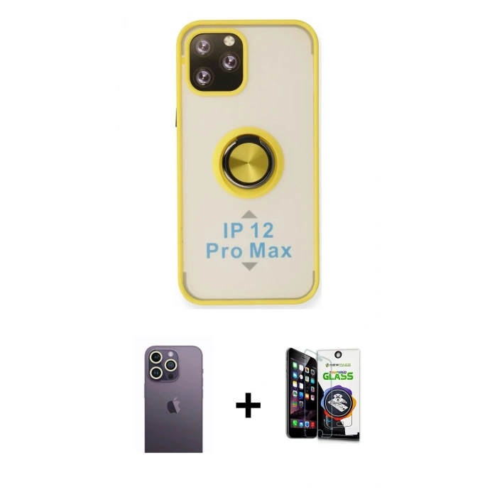 MARSİLYAN™- iPhone 12 Pro Max Kılıf Yörünge Çizgi - Şeffaf Temperli Cam Ekran Koruyucu + Neon Fosforlu Kamera Lens - BZ