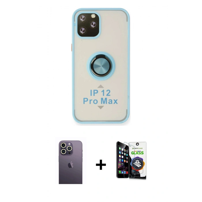 MARSİLYAN™- iPhone 12 Pro Max Kılıf Yörünge Çizgi - Şeffaf Temperli Cam Ekran Koruyucu + Neon Fosforlu Kamera Lens - BZ