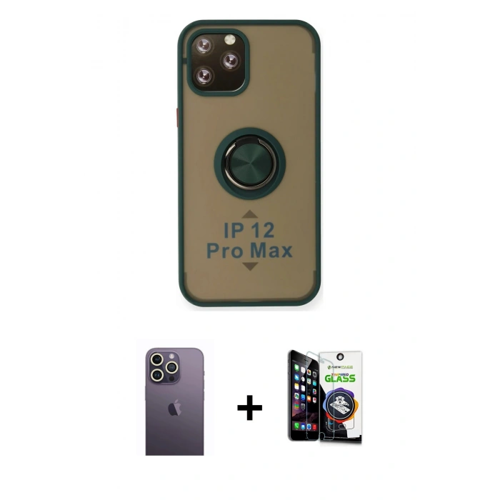 MARSİLYAN™- iPhone 12 Pro Max Kılıf Yörünge Çizgi - Şeffaf Temperli Cam Ekran Koruyucu + Neon Fosforlu Kamera Lens - BZ