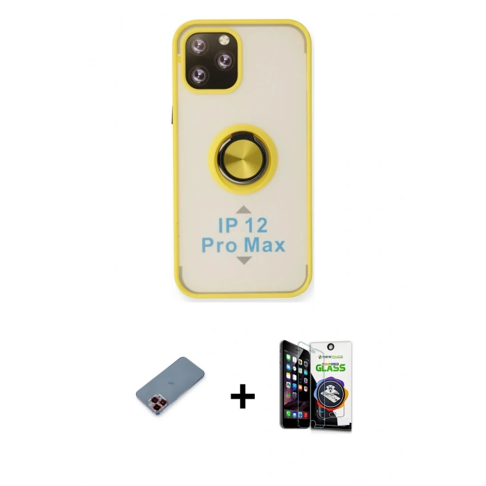 MARSİLYAN™- iPhone 12 Pro Max Kılıf Yörünge Çizgi - Şeffaf Temperli Cam Ekran Koruyucu + Kırmızı Metal Kamera Lens Koruma Cam