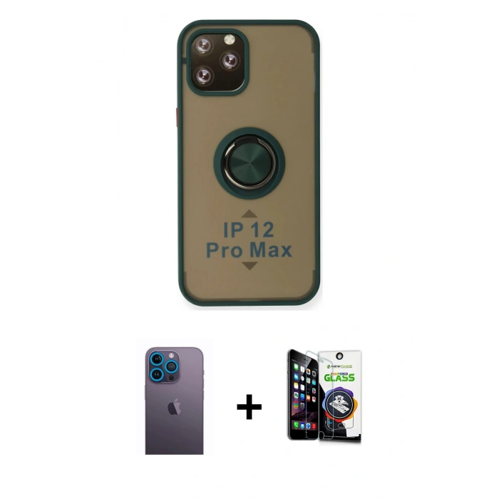 MARSİLYAN™- iPhone 12 Pro Max Kılıf Yörünge Çizgi - Şeffaf Temperli Cam Ekran Koruyucu + Neon Fosforlu Kamera Lens - MI