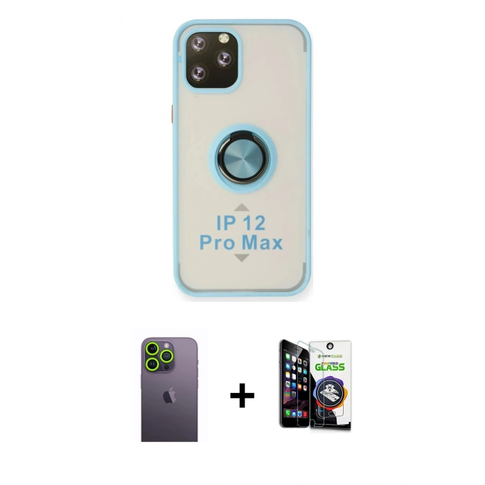 MARSİLYAN™- iPhone 12 Pro Max Kılıf Yörünge Çizgi - Şeffaf Temperli Cam Ekran Koruyucu + Neon Fosforlu Kamera Lens - YL