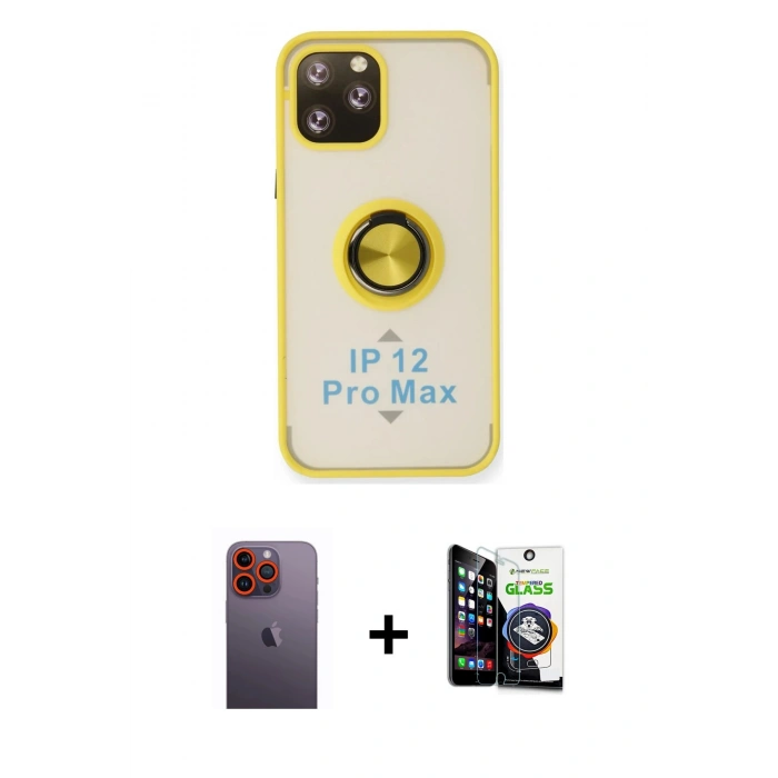 MARSİLYAN™- iPhone 12 Pro Max Kılıf Yörünge Çizgi - Şeffaf Temperli Cam Ekran Koruyucu + Neon Fosforlu Kamera Lens - TU