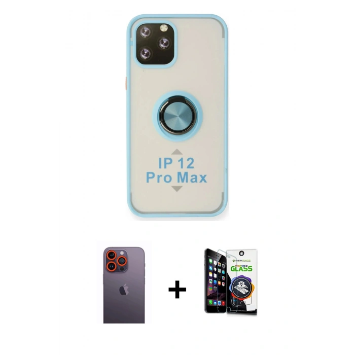 MARSİLYAN™- iPhone 12 Pro Max Kılıf Yörünge Çizgi - Şeffaf Temperli Cam Ekran Koruyucu + Neon Fosforlu Kamera Lens - TU