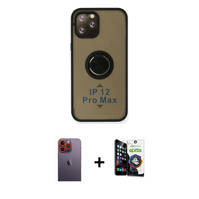 MARSİLYAN™- iPhone 12 Pro Max Kılıf Yörünge Çizgi - Şeffaf Temperli Cam Ekran Koruyucu + Neon Fosforlu Kamera Lens - TU