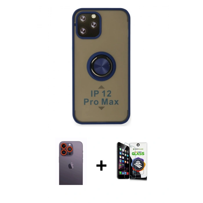 MARSİLYAN™- iPhone 12 Pro Max Kılıf Yörünge Çizgi - Şeffaf Temperli Cam Ekran Koruyucu + Neon Fosforlu Kamera Lens - TU
