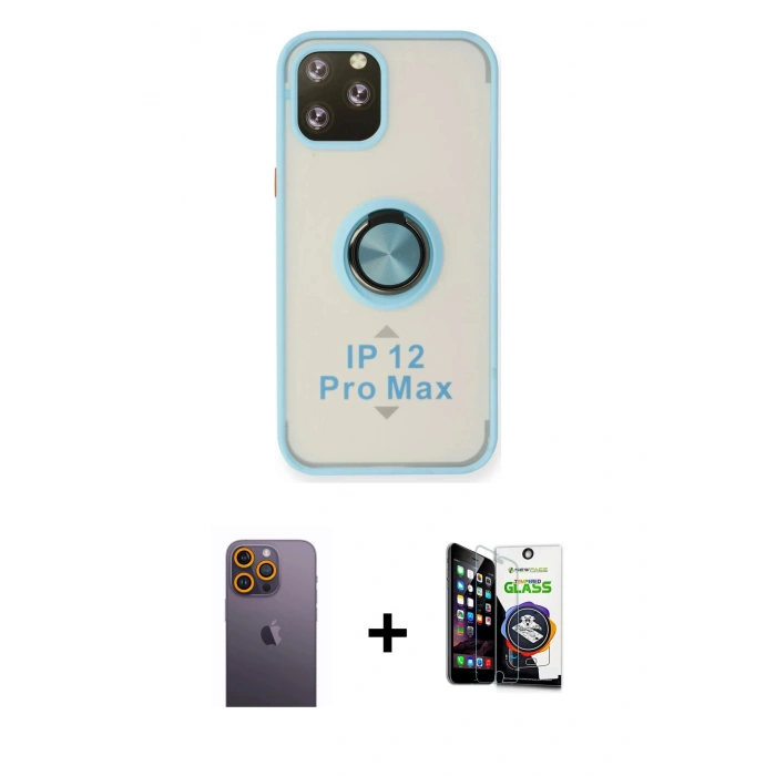 MARSİLYAN™- iPhone 12 Pro Max Kılıf Yörünge Çizgi - Şeffaf Temperli Cam Ekran Koruyucu + Neon Fosforlu Kamera Lens - SI