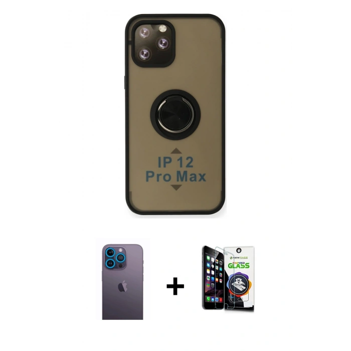 MARSİLYAN™- iPhone 12 Pro Max Kılıf Yörünge Çizgi - Şeffaf Temperli Cam Ekran Koruyucu + Neon Fosforlu Kamera Lens - MI