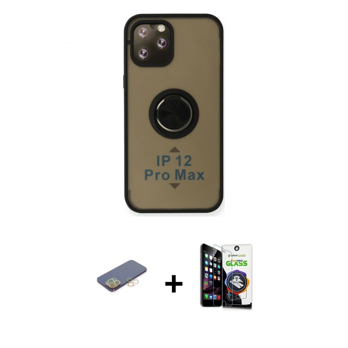 MARSİLYAN™- iPhone 12 Pro Max Kılıf Yörünge Çizgi - Şeffaf Temperli Cam Ekran Koruyucu + Renkli Kamera Lens Koruma Cam - SI