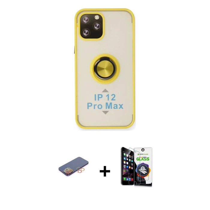 MARSİLYAN™- iPhone 12 Pro Max Kılıf Yörünge Çizgi - Şeffaf Temperli Cam Ekran Koruyucu + Turuncu Renkli Kamera Lens Koruma Cam