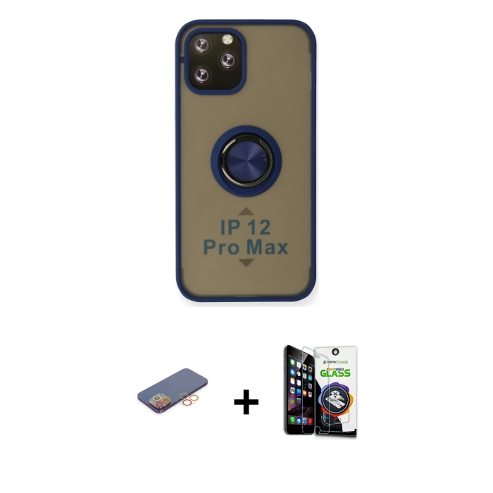 MARSİLYAN™- iPhone 12 Pro Max Kılıf Yörünge Çizgi - Şeffaf Temperli Cam Ekran Koruyucu + Turuncu Renkli Kamera Lens Koruma Cam