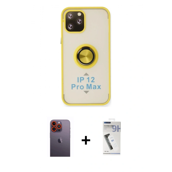 MARSİLYAN™- iPhone 12 Pro Max Kılıf Yörünge Çizgi - Şeffaf Uv Polymer Nano Ekran Koruyucu + Neon Fosforlu Kamera Lens - TU