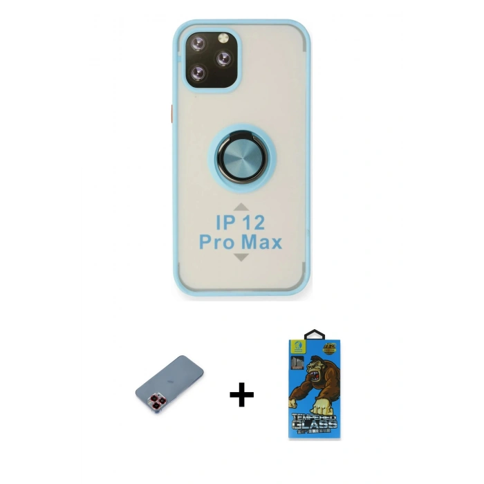 MARSİLYAN™- iPhone 12 Pro Max Kılıf Yörünge Çizgi - Siyah 18D Cam Ekran Koruyucu + Metal Kamera Lens Koruma Cam - KI