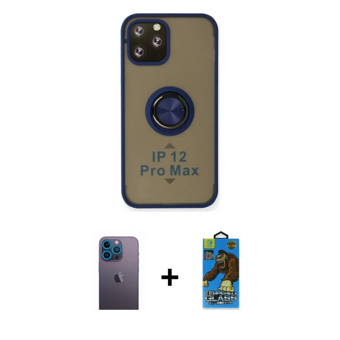 MARSİLYAN™- iPhone 12 Pro Max Kılıf Yörünge Çizgi - Siyah 18D Cam Ekran Koruyucu + Neon Fosforlu Kamera Lens - MI