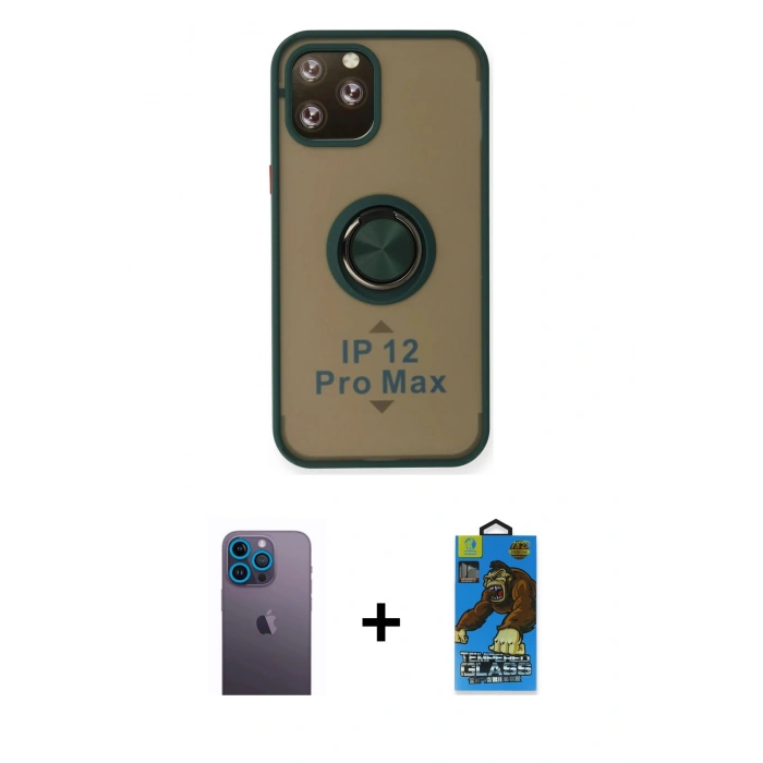 MARSİLYAN™- iPhone 12 Pro Max Kılıf Yörünge Çizgi - Siyah 18D Cam Ekran Koruyucu + Neon Fosforlu Kamera Lens - MI