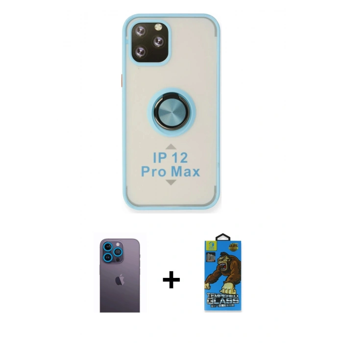 MARSİLYAN™- iPhone 12 Pro Max Kılıf Yörünge Çizgi - Siyah 18D Cam Ekran Koruyucu + Neon Fosforlu Kamera Lens - MI