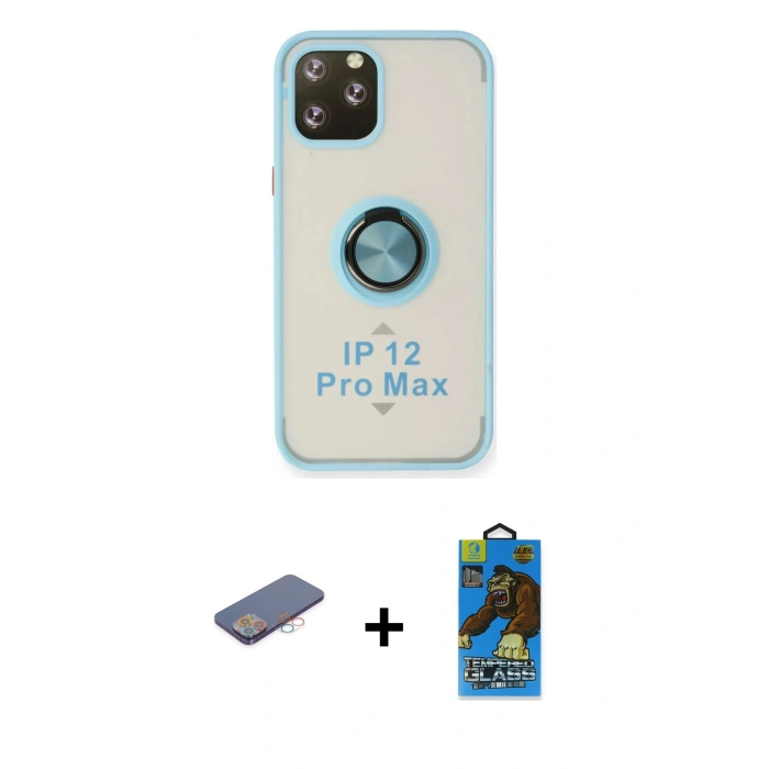 MARSİLYAN™- iPhone 12 Pro Max Kılıf Yörünge Çizgi - Siyah 18D Cam Ekran Koruyucu + Renkli Kamera Lens Koruma Cam - PE