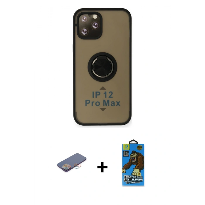 MARSİLYAN™- iPhone 12 Pro Max Kılıf Yörünge Çizgi - Siyah 18D Cam Ekran Koruyucu + Renkli Kamera Lens Koruma Cam - PE
