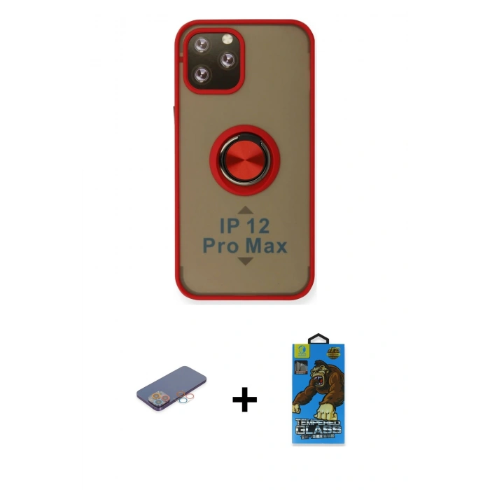 MARSİLYAN™- iPhone 12 Pro Max Kılıf Yörünge Çizgi - Siyah 18D Cam Ekran Koruyucu + Renkli Kamera Lens Koruma Cam - PE