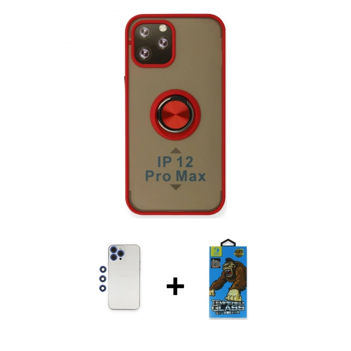 MARSİLYAN™- iPhone 12 Pro Max Kılıf Yörünge Çizgi - Siyah 18D Cam Ekran Koruyucu + Shine Kamera Lens - LT