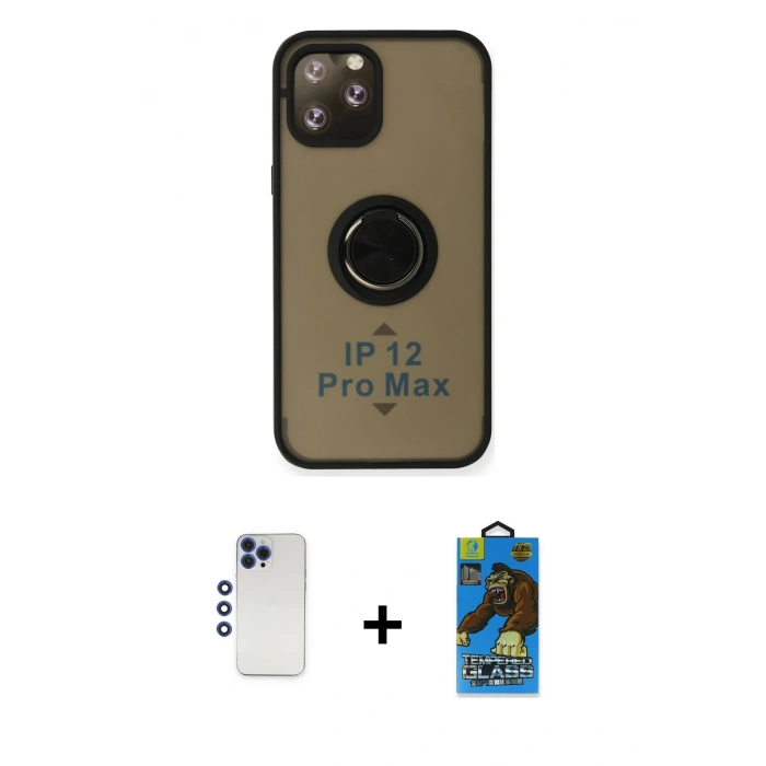MARSİLYAN™- iPhone 12 Pro Max Kılıf Yörünge Çizgi - Siyah 18D Cam Ekran Koruyucu + Shine Kamera Lens - LT
