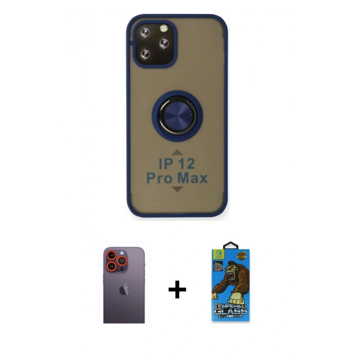 MARSİLYAN™- iPhone 12 Pro Max Kılıf Yörünge Çizgi - Siyah 18D Cam Ekran Koruyucu + Neon Fosforlu Kamera Lens - TU