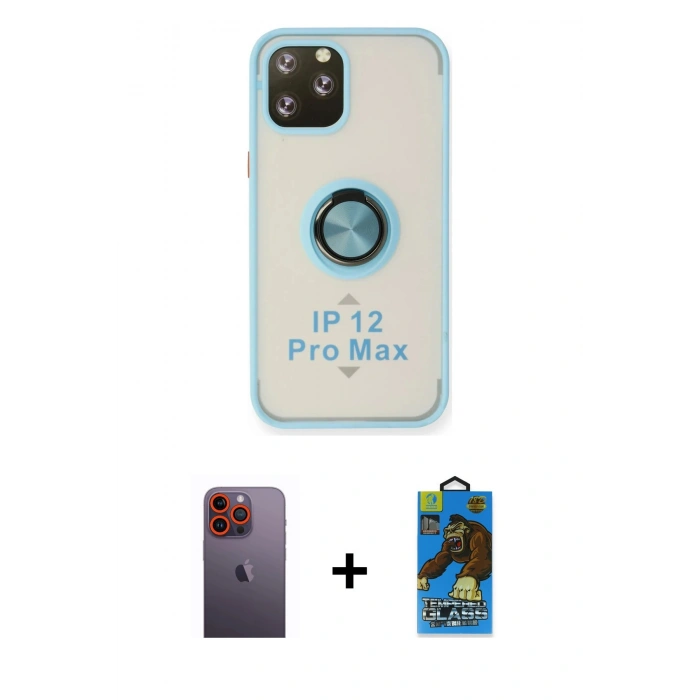 MARSİLYAN™- iPhone 12 Pro Max Kılıf Yörünge Çizgi - Siyah 18D Cam Ekran Koruyucu + Neon Fosforlu Kamera Lens - TU