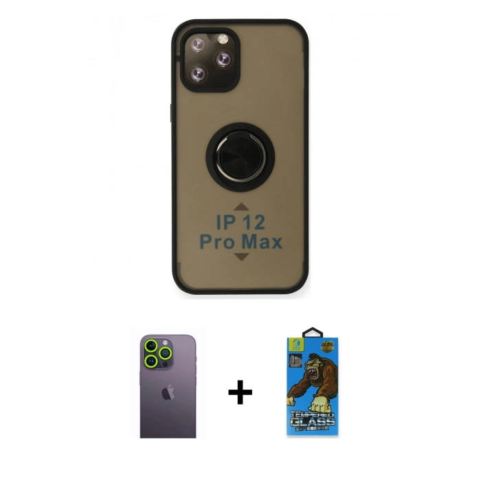 MARSİLYAN™- iPhone 12 Pro Max Kılıf Yörünge Çizgi - Siyah 18D Cam Ekran Koruyucu + Neon Fosforlu Kamera Lens - YL