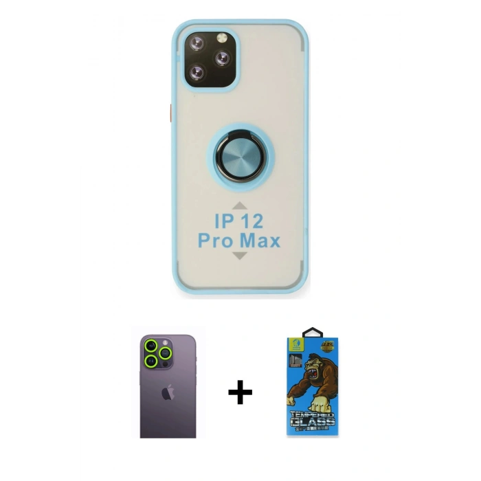 MARSİLYAN™- iPhone 12 Pro Max Kılıf Yörünge Çizgi - Siyah 18D Cam Ekran Koruyucu + Neon Fosforlu Kamera Lens - YL
