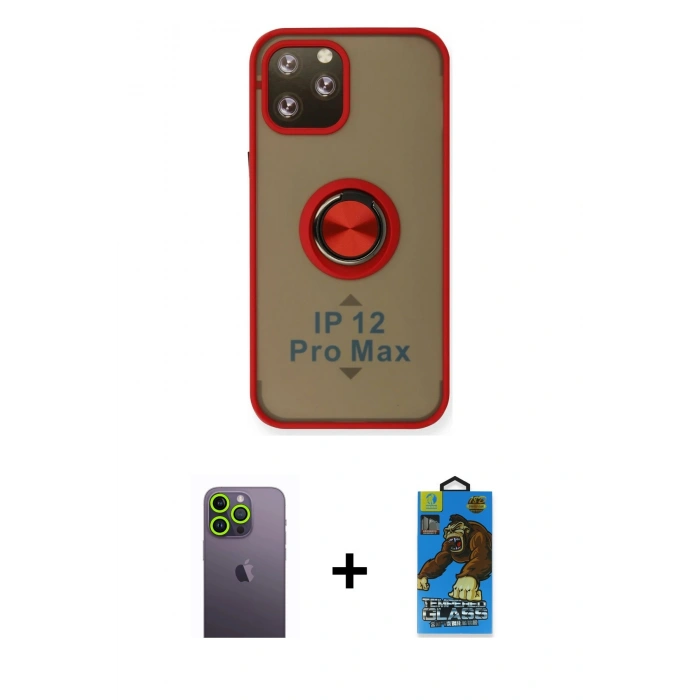 MARSİLYAN™- iPhone 12 Pro Max Kılıf Yörünge Çizgi - Siyah 18D Cam Ekran Koruyucu + Neon Fosforlu Kamera Lens - YL