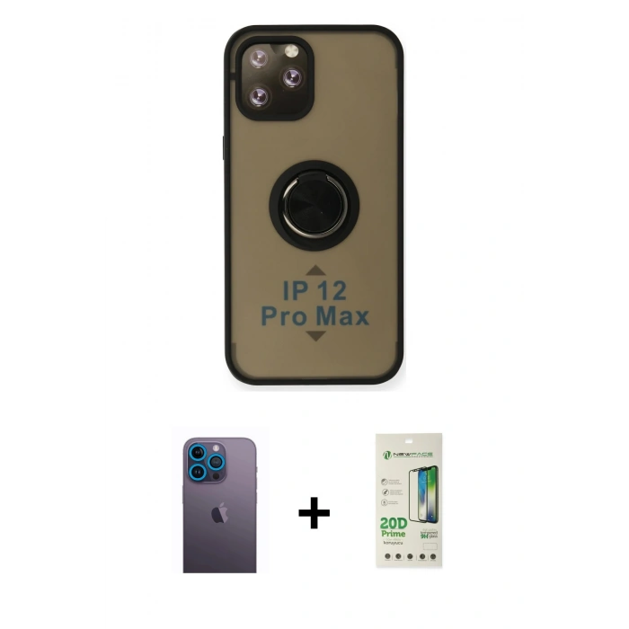MARSİLYAN™- iPhone 12 Pro Max Kılıf Yörünge Çizgi - Siyah 20D Premium Cam Ekran Koruyucu + Neon Fosforlu Kamera Lens - MI