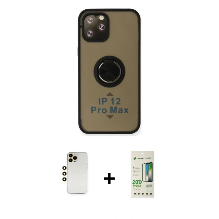 MARSİLYAN™- iPhone 12 Pro Max Kılıf Yörünge Çizgi - Siyah 20D Premium Cam Ekran Koruyucu + Shine Kamera Lens - GD