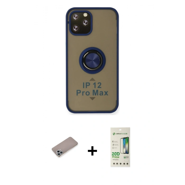 MARSİLYAN™- iPhone 12 Pro Max Kılıf Yörünge Çizgi - Siyah 20D Premium Cam Ekran Koruyucu + Sierra Blue Shine Kamera Lens Koruma Cam