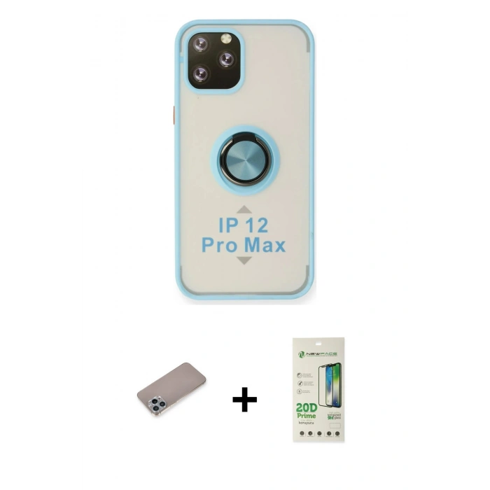 MARSİLYAN™- iPhone 12 Pro Max Kılıf Yörünge Çizgi - Siyah 20D Premium Cam Ekran Koruyucu + Sierra Blue Shine Kamera Lens Koruma Cam