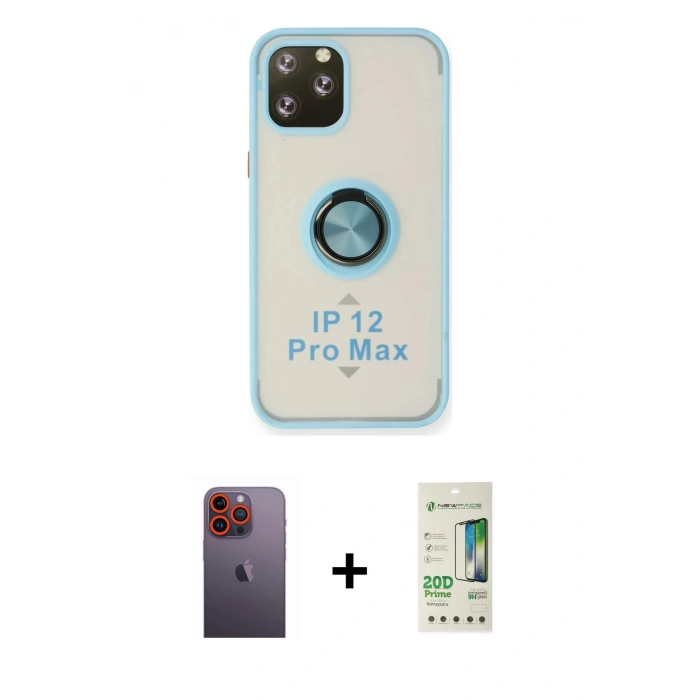 MARSİLYAN™- iPhone 12 Pro Max Kılıf Yörünge Çizgi - Siyah 20D Premium Cam Ekran Koruyucu + Turuncu Neon Fosforlu Kamera Lens