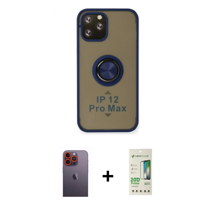 MARSİLYAN™- iPhone 12 Pro Max Kılıf Yörünge Çizgi - Siyah 20D Premium Cam Ekran Koruyucu + Turuncu Neon Fosforlu Kamera Lens