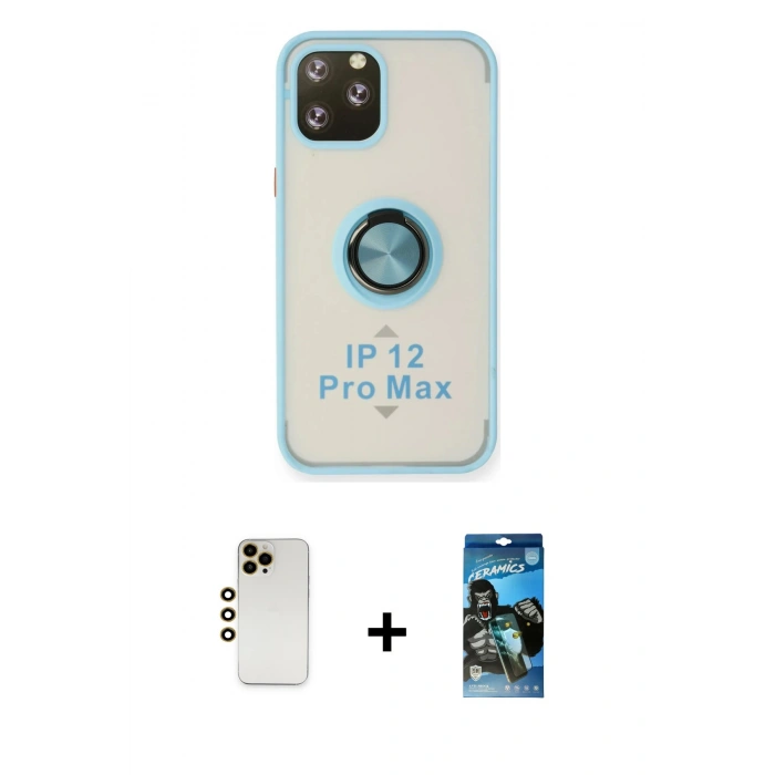 MARSİLYAN™- iPhone 12 Pro Max Kılıf Yörünge Çizgi - Siyah 34D Izgaralı Cam + Gold Shine Kamera Lens