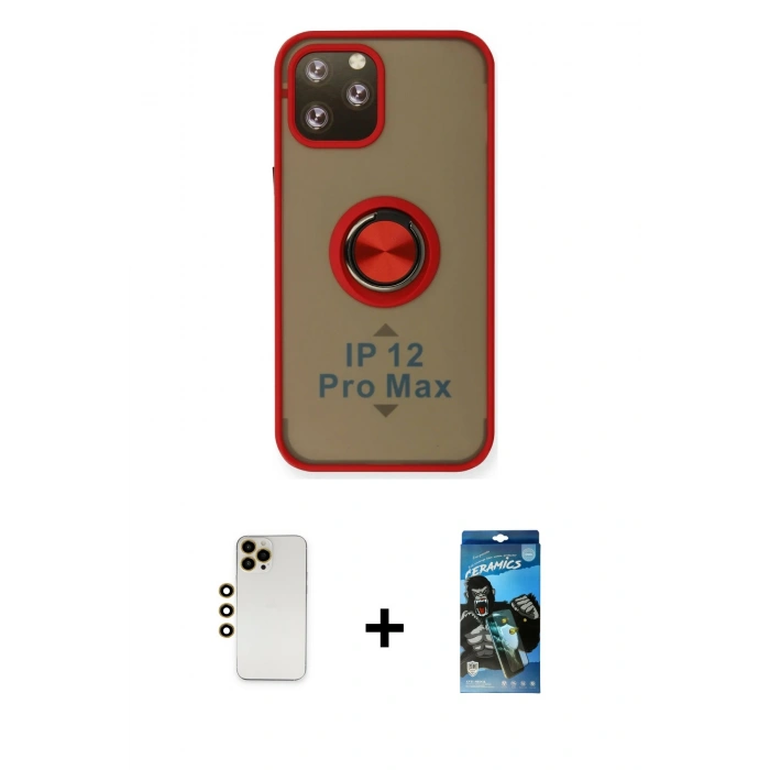 MARSİLYAN™- iPhone 12 Pro Max Kılıf Yörünge Çizgi - Siyah 34D Izgaralı Cam + Gold Shine Kamera Lens