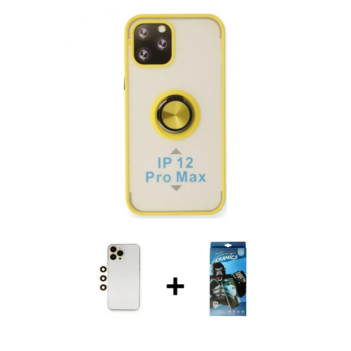 MARSİLYAN™- iPhone 12 Pro Max Kılıf Yörünge Çizgi - Siyah 34D Izgaralı Cam + Gold Shine Kamera Lens