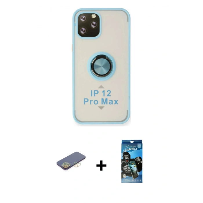 MARSİLYAN™- iPhone 12 Pro Max Kılıf Yörünge Çizgi - Siyah 34D Izgaralı Cam + Renkli Kamera Lens Koruma Cam - SI