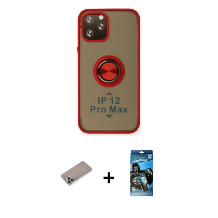 MARSİLYAN™- iPhone 12 Pro Max Kılıf Yörünge Çizgi - Siyah 34D Izgaralı Cam + Shine Kamera Lens Koruma Cam - SABE