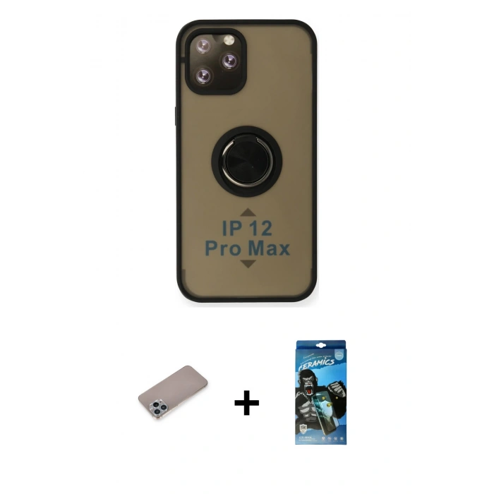 MARSİLYAN™- iPhone 12 Pro Max Kılıf Yörünge Çizgi - Siyah 34D Izgaralı Cam + Shine Kamera Lens Koruma Cam - SABE
