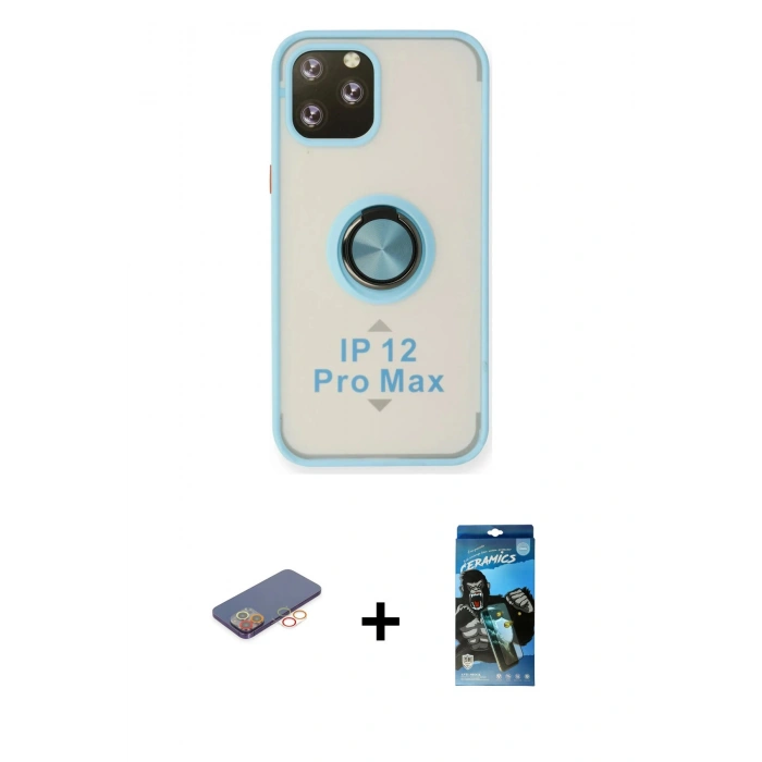 MARSİLYAN™- iPhone 12 Pro Max Kılıf Yörünge Çizgi - Siyah 34D Izgaralı Cam + Renkli Kamera Lens Koruma Cam - TU