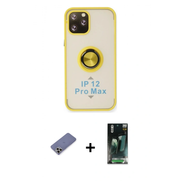 MARSİLYAN™- iPhone 12 Pro Max Kılıf Yörünge Çizgi - Siyah 360 Mat Full Body Arka Koruyucu + Metal Kamera Lens Koruma Cam - GD